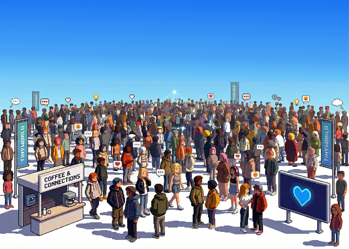 Pixel art crowd of people connecting and chatting